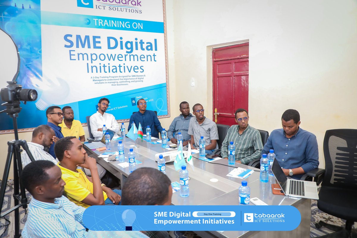 TabaarakICT's tweet photo. @TabaarakICT today launched the SME Digital Empowerment Initiative in Baidoa, a two-day training program designed for owners and managers of small and medium-sized enterprises (SMEs).

The training focuses on how digital solutions can be leveraged for business management, sales, inventory, accounting, and business data management, while introducing participants to the benefits of Digital Management Systems and POS Solutions.

The initiative aims to equip business owners with the knowledge and tools they need to leverage technology, improve their business operations, and drive sustainable business growth.

#Adding_Value_to_Your_Business_Through_Technology.
#TabaarakICT #SMEDigitalEmpowerment #SMEs #Somalia