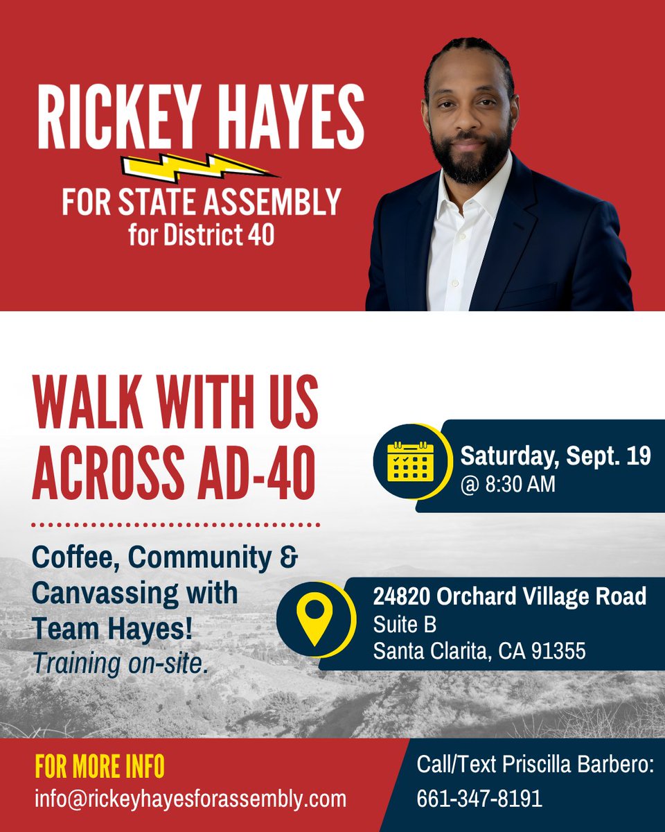 Rickey4Assembly's tweet photo. Let's keep up the momentum! Our next walk is coming up Saturday, September 19. Join Team Hayes as we walk across #AD40, talking to voters. Put on your walking shoes, grab a cup of coffee, and let's get to work! https://t.co/A2GUjjFLbS