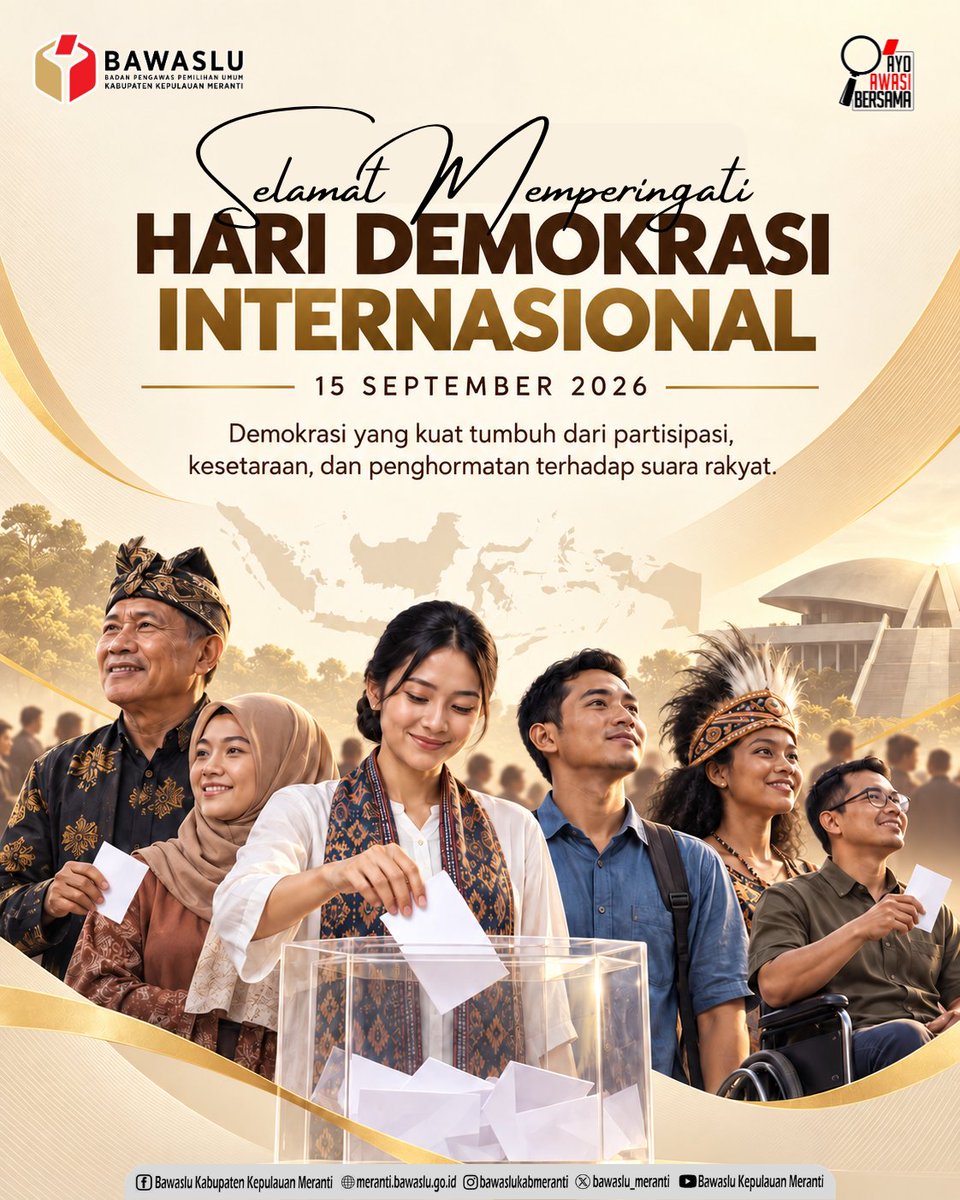 Bawaslu_Meranti's tweet photo. Selamat Memperingati Hari Demokrasi Internasional
15 September 2026 🗳️
Demokrasi yang kuat tidak hanya dibangun melalui pelaksanaan pemilu, tetapi juga melalui partisipasi aktif masyarakat, penghormatan terhadap kesetaraan, serta perlindungan atas setiap suara rakyat. https://t.co/bc7iOMVFPY