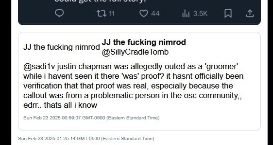 SPARKRlZZLE's tweet photo. Not defending this particular comment, but Michael / OddCard was NOT a predator defender. Michael continuously reposted my original callout thread on Justin and talked about agreeing with Adam on it being unacceptable.

I’d appreciate a few reposts bc this is important. #osctwt https://t.co/vRL0aZLyM6