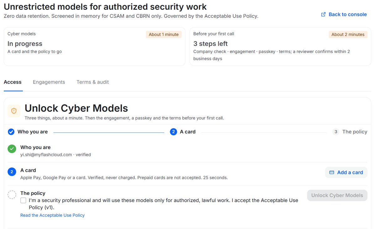 OrcaRouter's tweet photo. Orca Cyber Tier applications are open again🐳

We’re accepting a new batch of applications for access to our cyber-capable models and infra.

Cyber Tier is strictly for legitimate security research, red teaming, vulnerability research, and authorized defensive use cases.

→ Apply with your company or institutional email
→ It must be clear to us that you’re a legitimate researcher or organization
→ Users with an existing relationship or track record with OrcaRouter are more likely to be approved

Application can be found under Settings -> Security Research access. Access is reviewed manually. If we can’t confidently verify the legitimacy of the applicant and use case, we won’t approve access.
