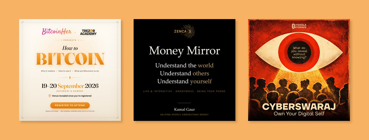 bitshala's tweet photo. This is what we have this weekend:

1. @BitcoinHer21 X @TrezorAcademy (19th &amp; 20th Sept): https://t.co/XTTpt1zR10
2. Money Mirror by @kamalgaur (19th Sept): https://t.co/X7iluzGsVu
3. CyberSwaraj (20th Sept): https://t.co/DteTuPsz99

See ya at Bitspace! https://t.co/ILLceAmxx9