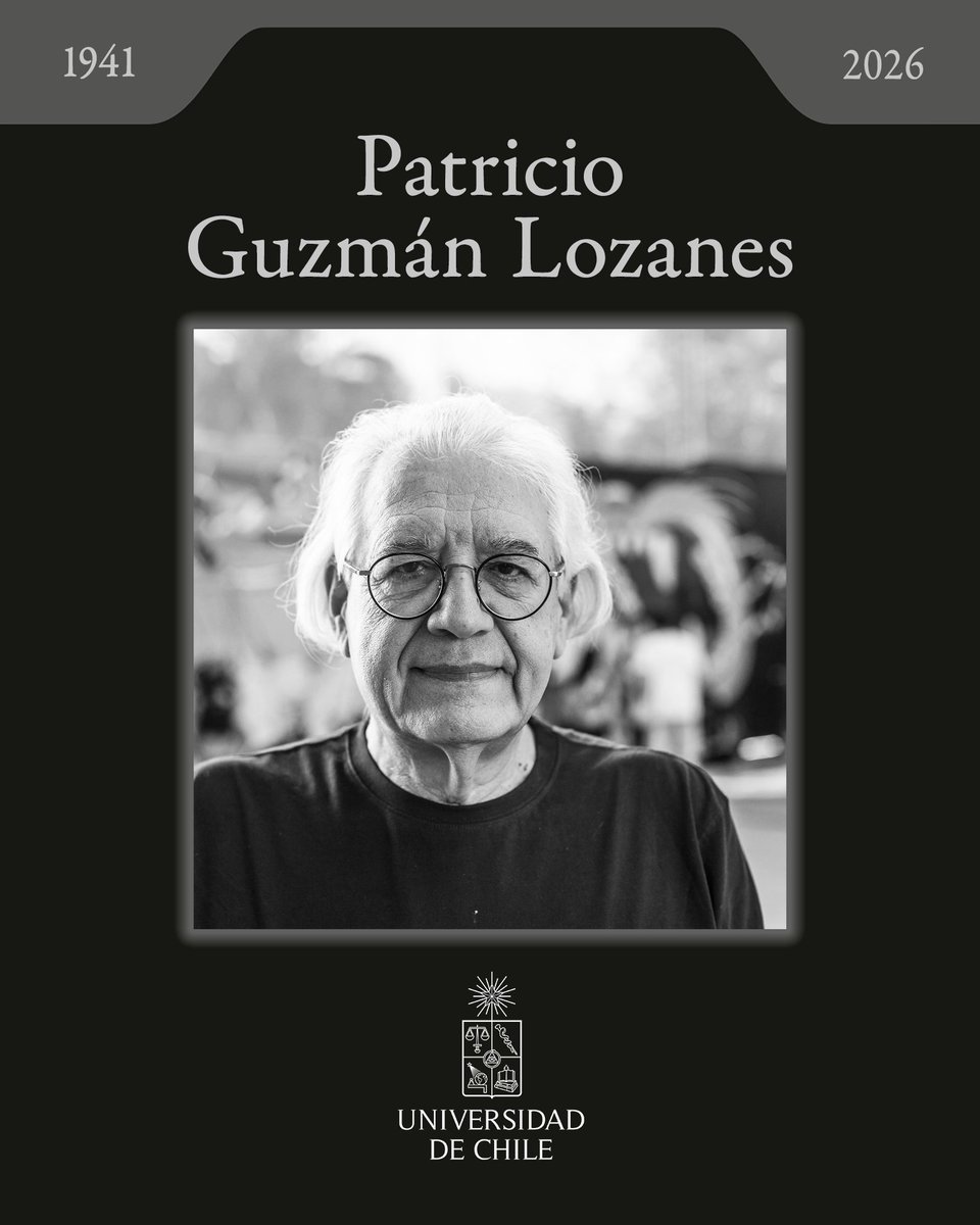 uchile's tweet photo. Nuestra comunidad universitaria despide con pesar al director de cine Patricio Guzmán Lozanes, destacado por sus grandes obras documentales. Premio Nacional de Artes de la Representación y Audiovisuales 2023, realizó estudios en la Escuela de Teatro y la Facultad @filosofiauchile https://t.co/jt8mE1PXSy