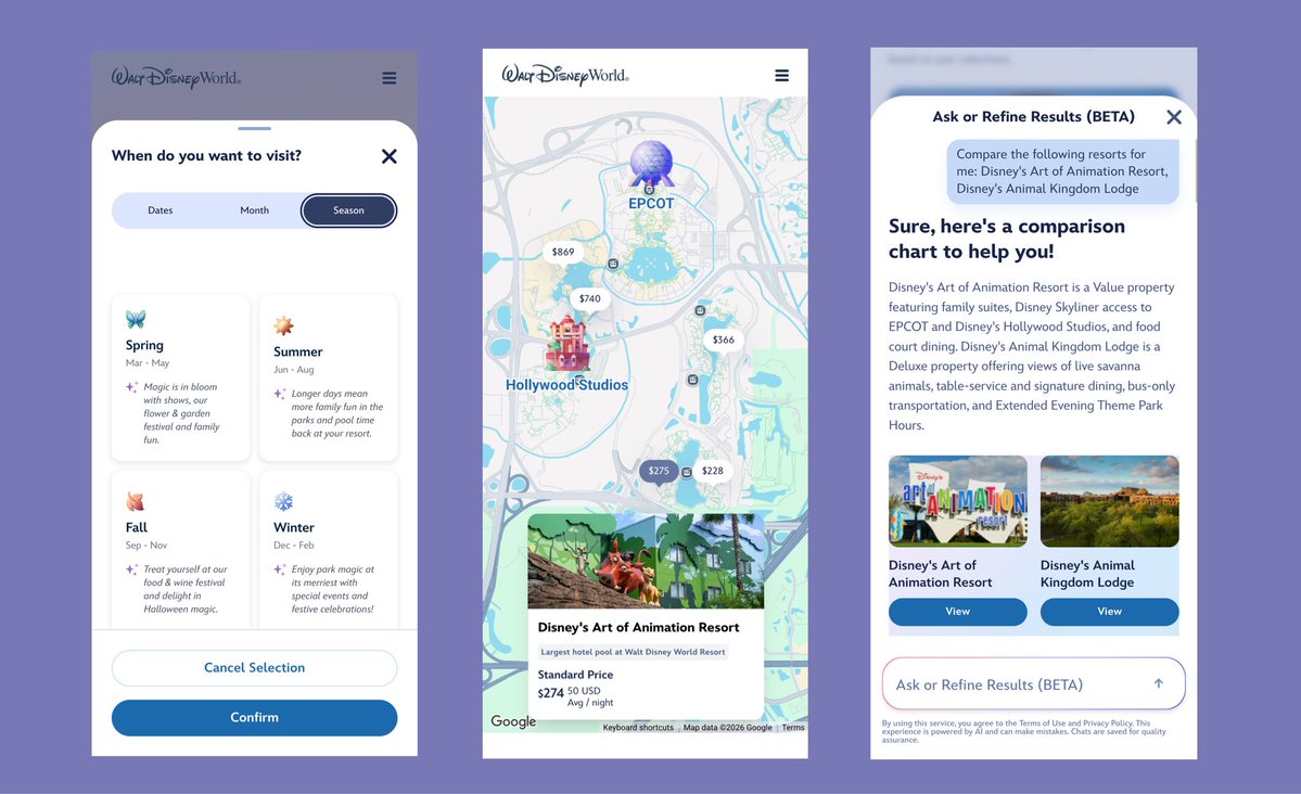 ScottGustin's tweet photo. Walt Disney World will soon begin testing a new vacation planning experience on https://t.co/nqse0HKfvo, developed with Google Cloud and featuring AI-powered tools designed to make planning and booking a trip easier.

One of the biggest changes: Guests will be able to search by month or season instead of repeatedly checking individual dates and rates. A new pricing and availability calendar will also make it easier to see if shifting dates could save money or open up more options.

Guests can also search for specific characters, a preferred style of room, describe their ideal pool, or other specific interests to find the best resort. The AI-powered tool can then recommend resorts based on those preferences.

In one demo, a family planning their first Walt Disney World trip said their son loved The Lion King and they wanted a good pool and easy park access. The tool suggested Disney’s Art of Animation Resort and its Lion King family suites and included details about the resort, etc.

Guests will also be able to compare resorts side by side, including transportation, dining, nearby parks and resort benefits, and ask follow-up questions about things like walking access to EPCOT, dining options or how the pools compare. And if you’re comparing anything to Beach Club’s pool, sorry, there really is no comparison.

Other new features include a map showing resort locations/rates and new shareable planning links that allow someone to price a vacation and share a new trip planning link with family and friends. The tool can also indicate if a better offer is available during the booking process.

Disney says AI is being used selectively to align resort features with what guests are searching for, not throughout the entire experience. The initial beta is focused on resorts, tickets and vacation packages and will not include Lightning Lane or dining reservations.

Disney says the beta (which will be launching soon) will initially be available to a very limited number of randomly selected guests in the U.S. and Canada, with Disney planning to expand it in phases based on feedback from users.
It’s also worth noting the existing booking tool is not going away. Guests will still be able to use the regular website tools, travel agents and the call center. No changes there.