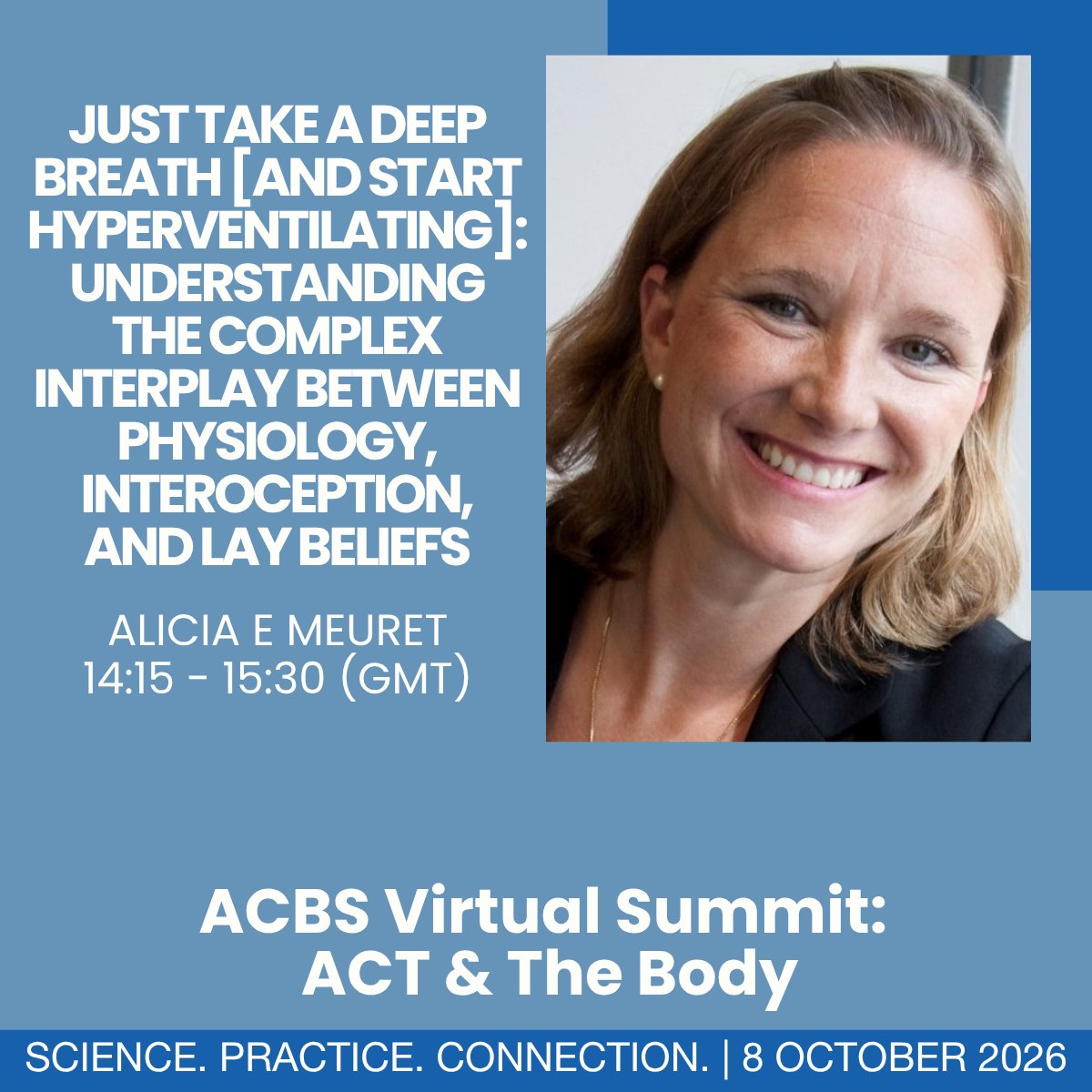 myACBS's tweet photo. Contrary to popular belief, 'taking a deep breath' can actually intensify anxiety rather than calm it." 

Join Alicia Meuret at the ACBS Virtual Summit: ACT & The Body for her groundbreaking session examining the science of respiration, interoception, and panic disorder.

Dr. Meuret will debunk common myths about breathwork, explore how overbreathing leads to hypocapnia and panic-like symptoms, and present clinical trial findings on Capnometry Assisted Respiratory Training (CART)—as well as research on guided breathing apps like the Apple Watch "Breathe." Learn how to evaluate the physiological risks and true benefits of breathwork interventions in clinical practice.

🗓️ Registration is open now!
🔗 Secure your spot today: https://t.co/8n4798BCDi

#ACBS #ACT #Anxiety #Biofeedback #mentalhealth #psychology
