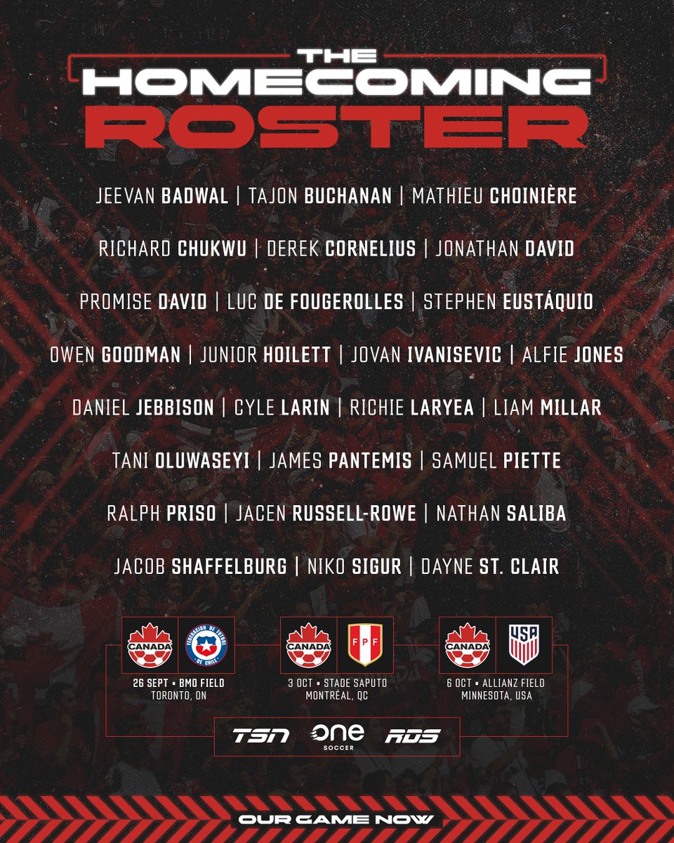 CANMNT_Official's tweet photo. The Homecoming Roster in HERE! 🍁

Canada Soccer has announced the selection of 26 players who will represent #CANMNT this window.

🇨🇦 v. 🇨🇱 - Sep 26, Toronto, BMO Field
🇨🇦 v. 🇵🇪 - Oct 3, Montréal, Stade Saputo
🇨🇦 v. 🇺🇸 - Oct 6, Minnesota, Allianz Field

🎫: https://t.co/x1z0R71hYd