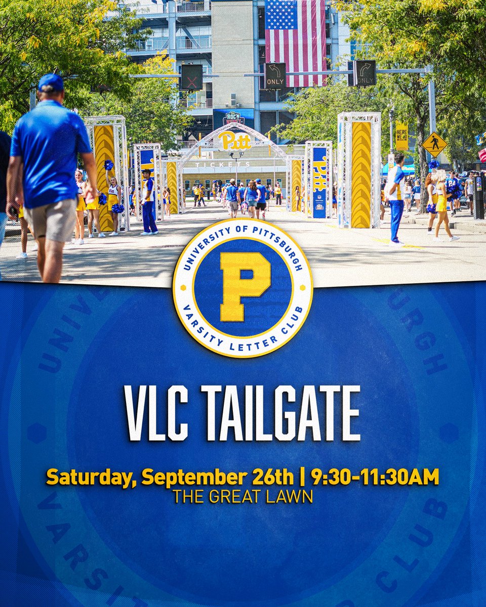 Pitt_LIFESKILLS's tweet photo. Tailgate with the Varsity Letter Club! 💙💛
Mark your calendars for Saturday, September 26 and join us from 9:30–11:30 AM for the VLC Tailgate before the Bucknell game!

🍴 Food  🎶 DJ 🍻 Bar

 Join us for Homecoming Weekend! 🏈 https://t.co/rIRF9Ev9UZ