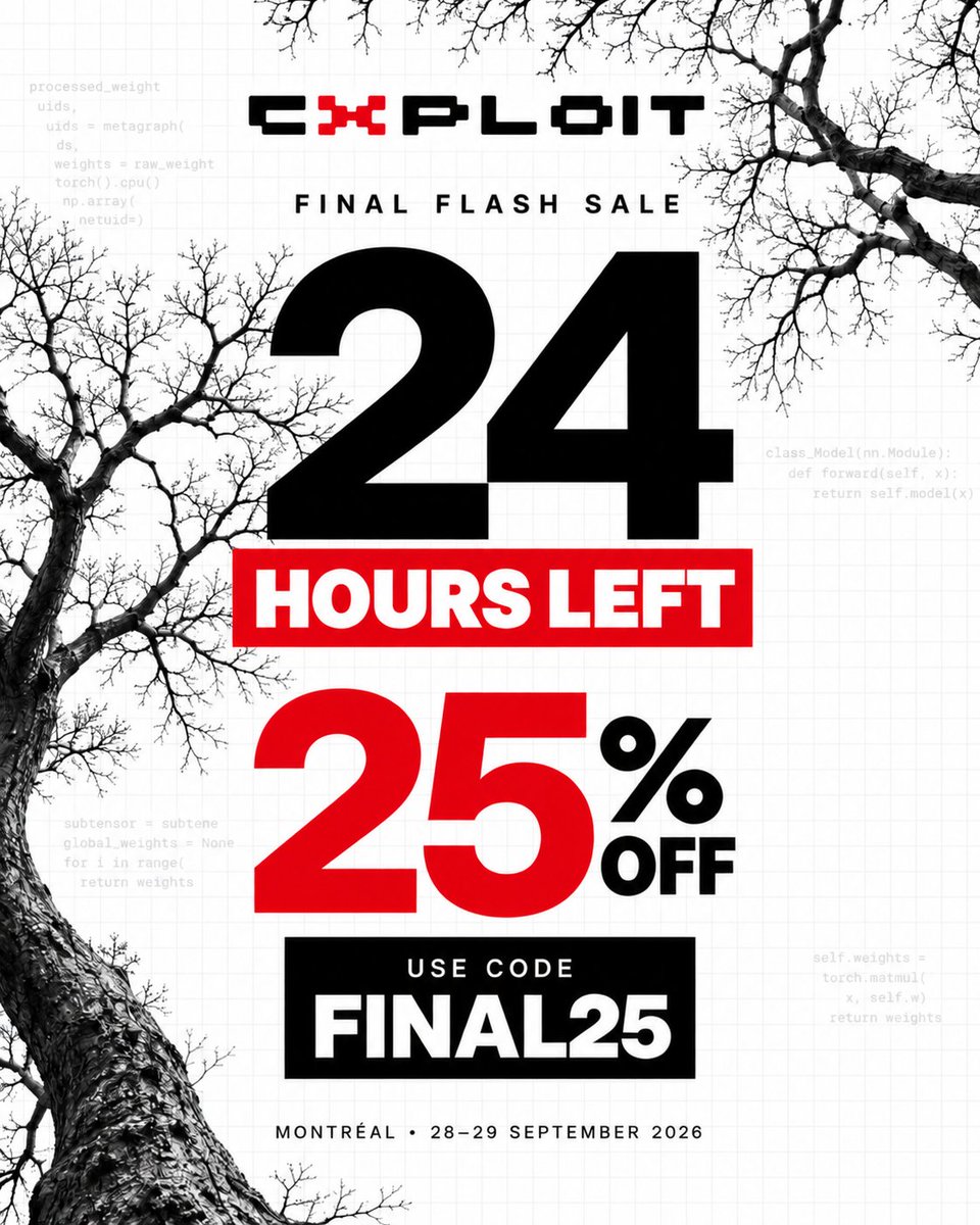 ExploitSummit's tweet photo. One day left to make your move.

Get 25% off Exploit: two days of decentralised AI, live demos and debates worth having. Meet the people building what comes next.

Use FINAL25. Our last flash sale ends at noon EST.

📍 Montréal · 28–29 September: https://t.co/ojNj3XOeoV https://t.co/cjO40R5sst