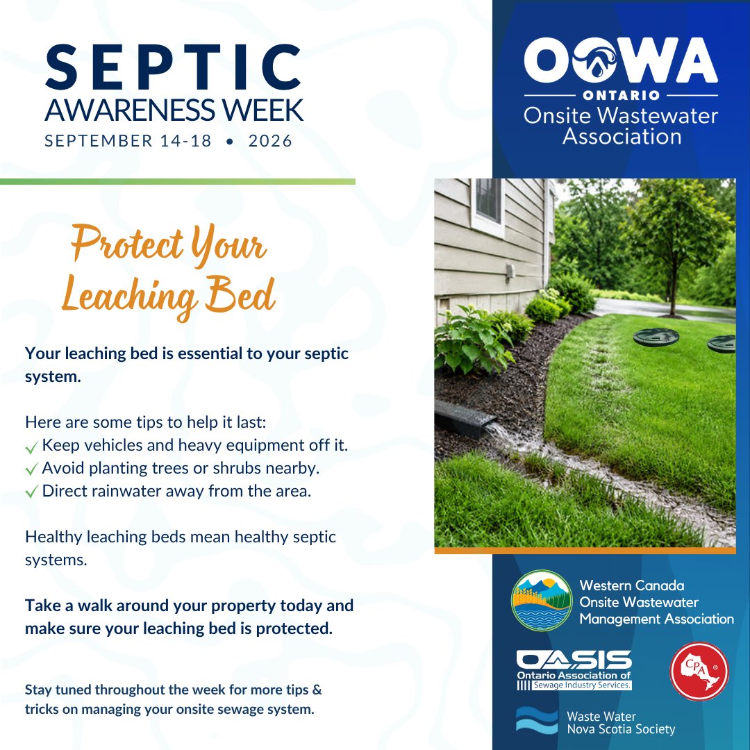 oowa_org's tweet photo. Your leaching bed is essential to your septic system. Tips to help it last:
•Keep  heavy things off it.
•Avoid planting trees nearby.
•Direct rainwater away from it.

Walk around your yard today to ensure your bed is protected.

 #SepticSmart #SepticAwarenessWeek2026 https://t.co/Xadk9Wdtjy