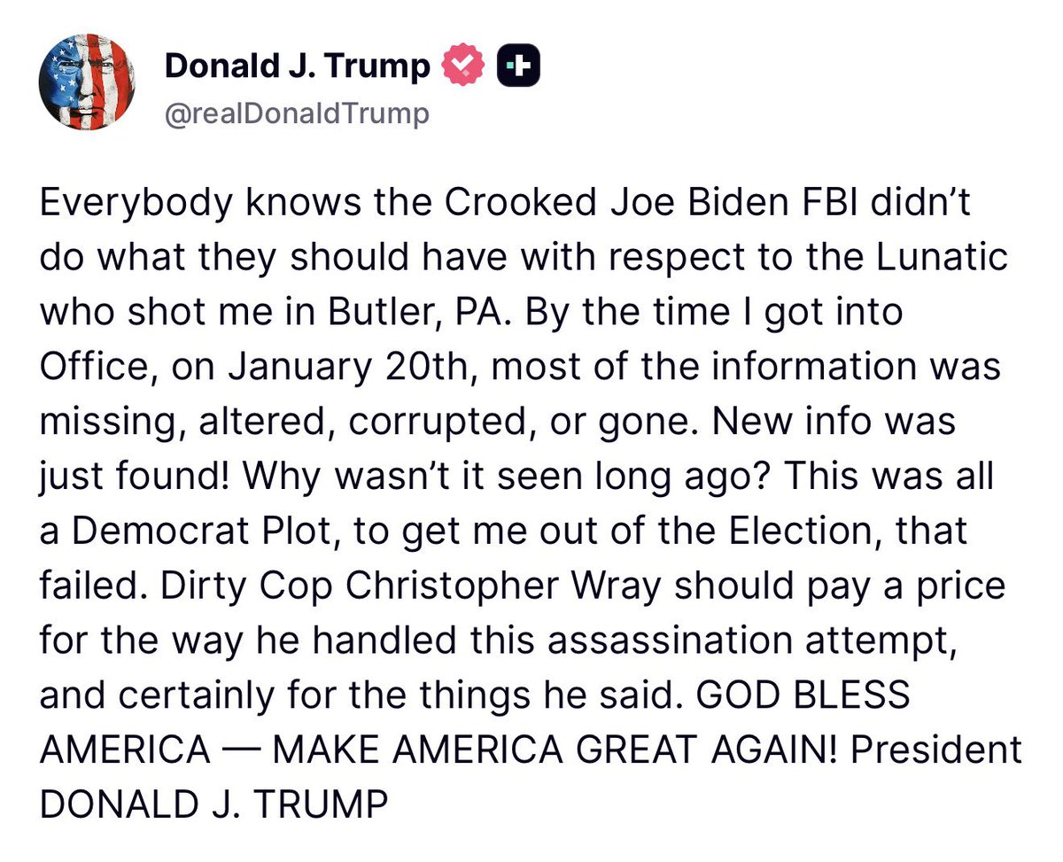 WarClandestine's tweet photo. Holy shit. Trump just openly accused the Dems of being involved in his assassination attempt in Butler, and covering up the evidence.

New info just came out that the shooter had weapon parts shipped to him under a fake name, and his body was cremated by an anonymous donor.

It’s no secret that Biden and the Dems stood the most to gain from Trump’s assassination, and millions of Americans like myself believe that Crooks was undoubtedly influenced/manipulated at the least, but if we find out that Crooks actually was a patsy, and there is some sort of evidence that the Biden administration, another nation, or Left-wing NGOs, were involved in this assassination attempt… 

I’m not sure how we proceed from there. Not sure how we can hold an election, when one out of the two parties are engaged in assassination attempts and collaborating with our enemies in wartime.

At what point are the Dems actually considered legitimate domestic enemies of the United States?

Every day, we get closer to needing the Insurrection Act, and US MIL assisting law enforcement to carry out mass arrests on US soil, against unlawful enemy combatants working on behalf of our enemies who seek to overthrow this nation.