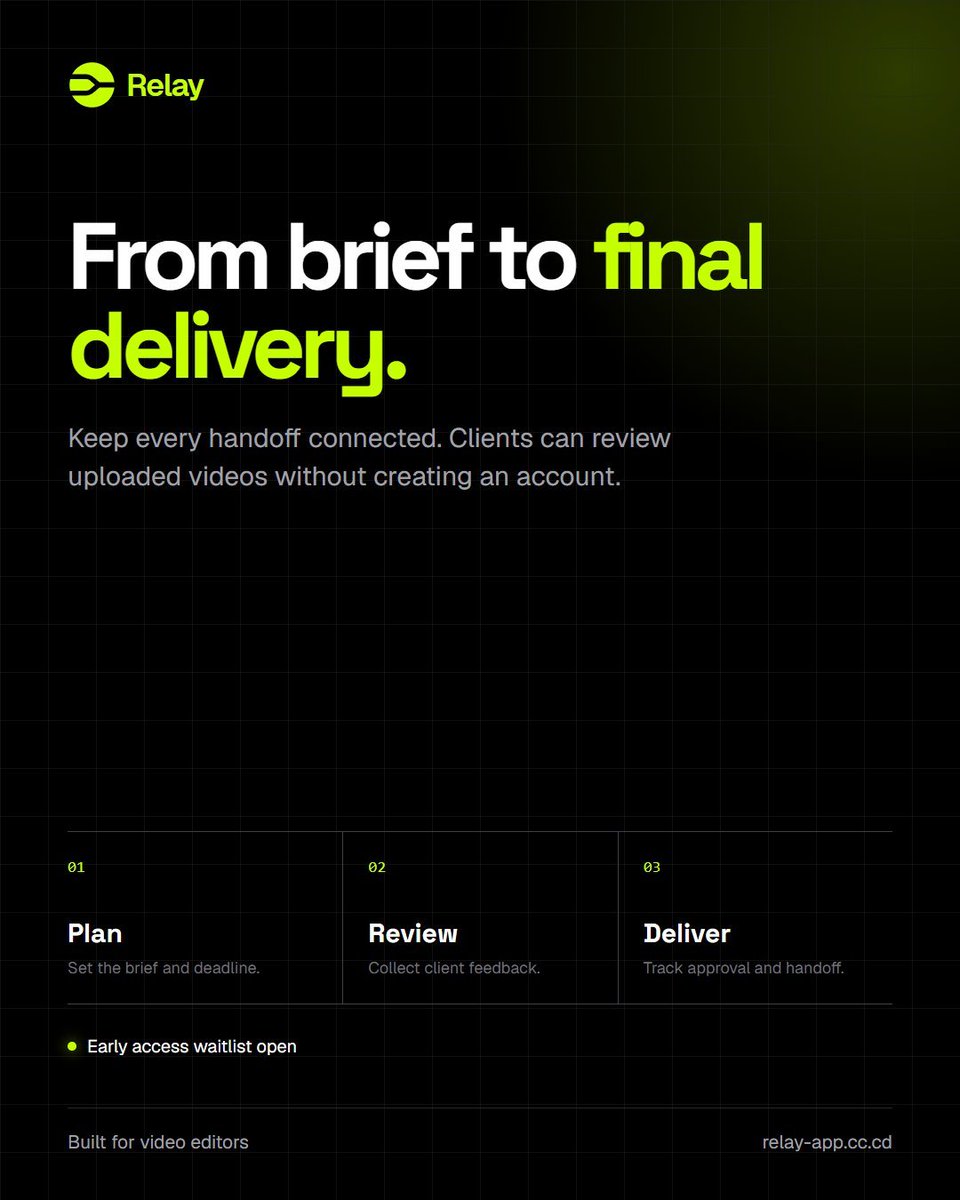 connect_Relay's tweet photo. Editing projects rarely break in the timeline. 

They break between the brief, client feedback, approval, and final handoff. 

That’s why we’re building Relay: one workspace to keep every step connected. 

Join early access: https://t.co/2XZUNzm673 https://t.co/xLoufwPCg6