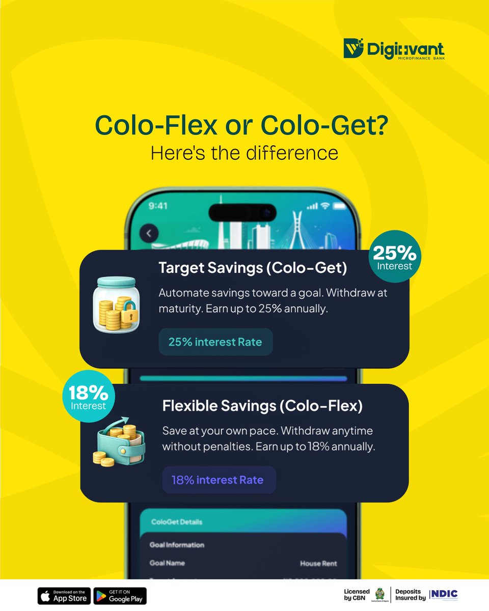 digitvantMFB's tweet photo. You have a goal in mind. The only question is, how do you want to get there?

Do you want the freedom to save whenever it works for you? That’s Colo-Flex.

Or would you rather set a target, lock in, and go for it? That’s Colo-Get.

Whichever plan you go for, both can help you make that goal happen.

Which one are you choosing? Download our DigitvantPay app to get started