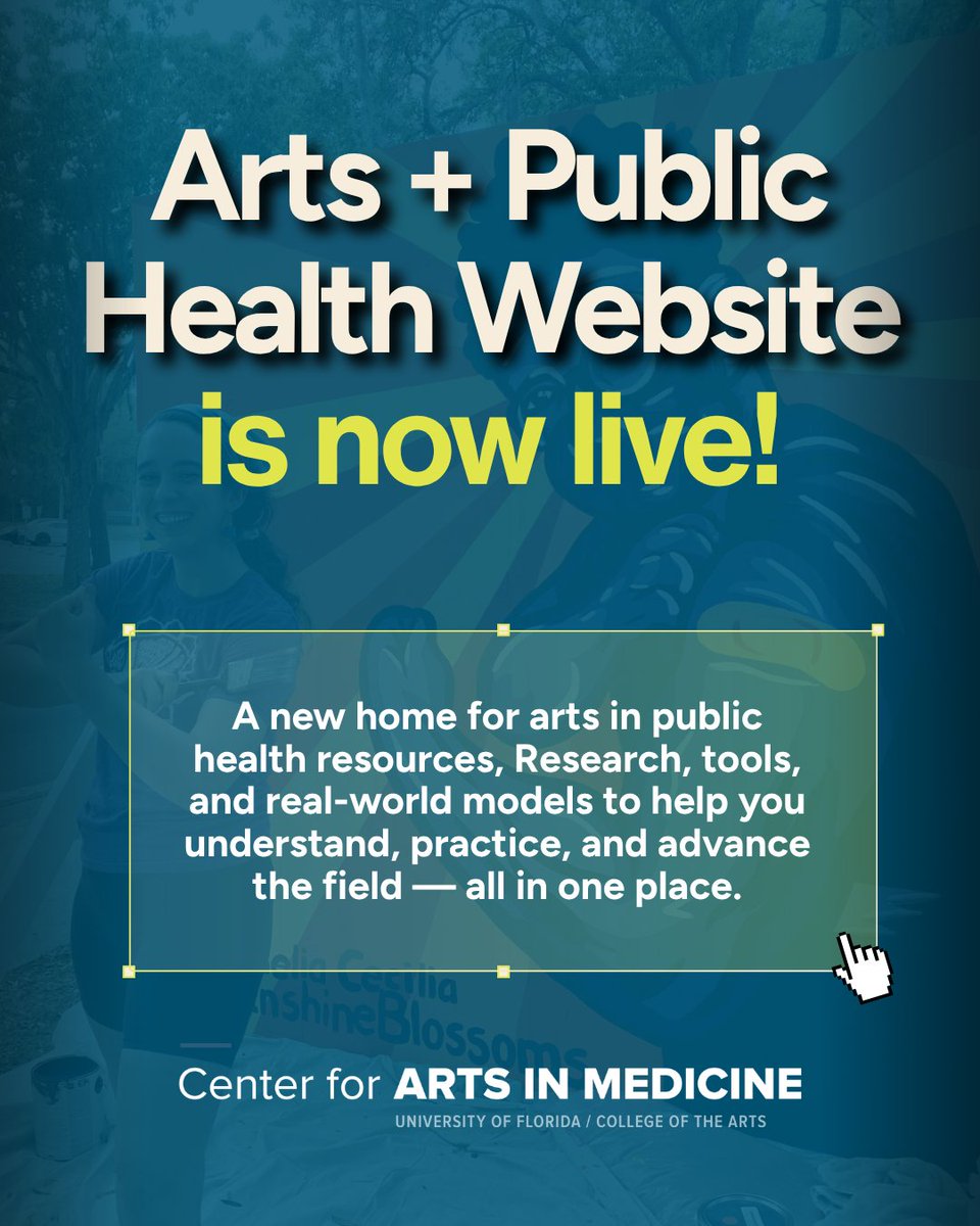 UFCAM's tweet photo. The UF Center for Arts in Medicine has launched a new Arts &amp; Public Health Website, bringing together research, tools, models, and other resources developed through our work to advance arts in public health.

🔗 Explore the site here: 
https://t.co/P4bLcEe5kR https://t.co/mpntA8c8WL