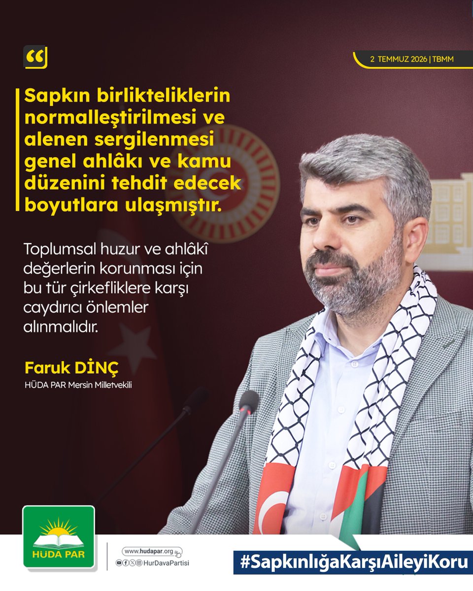 hudaparkdn33's tweet photo. HÜDA PAR Mersin Milletvekili Faruk Dinç:

"Sapkın birlikteliklerin normalleştirilmesi, genel ahlâkı ve kamu düzenini tehdit edecek boyutlara ulaşmıştır."

#SapkınlığaKarşıAileyiKoru https://t.co/BO0f8oka6M