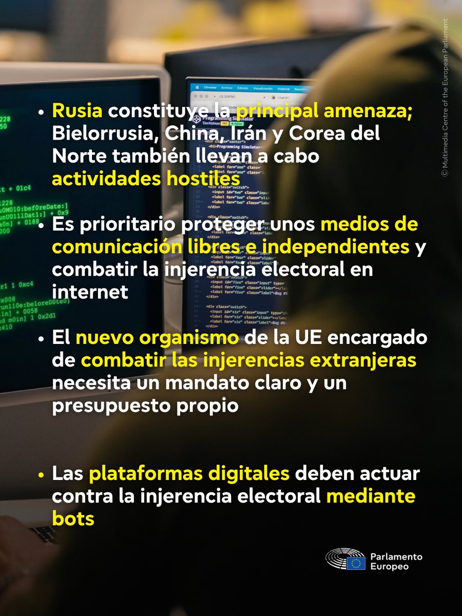 Europarl_ES's tweet photo. La injerencia extranjera y la desinformación amenazan la «esencia misma del proyecto europeo», advierten los eurodiputados.

Estas son las propuestas del Parlamento Europeo para combatir la injerencia extranjera y proteger la democracia 🇪🇺 👇

https://t.co/0g9B1RgYix https://t.co/btAbi40gZ1