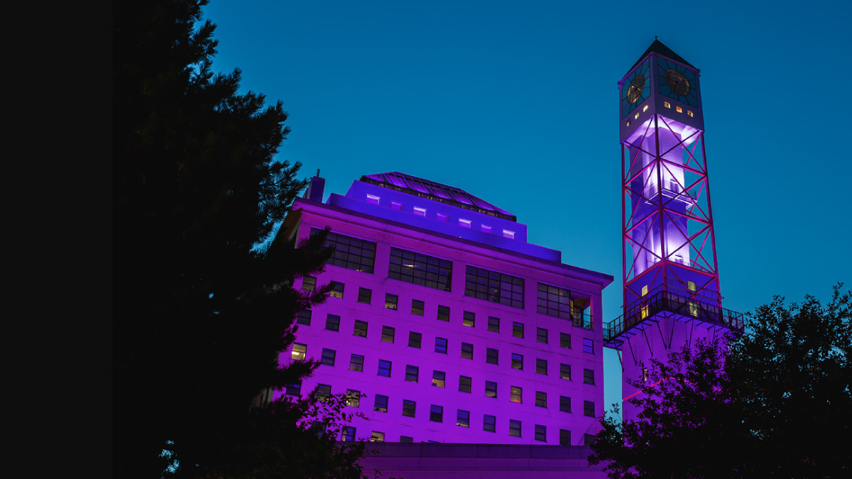 The Civic Centre clock tower lit purple.