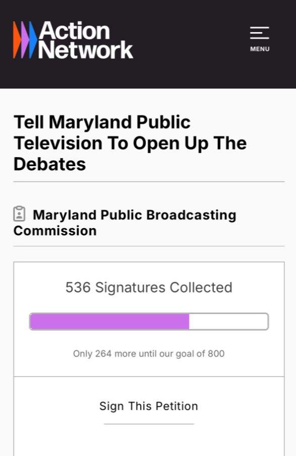 gogreen2026's tweet photo. 🚨CALL TO ACTION 🚨 
Help us call on MPT to open up the debates to third party candidates by signing the petition at https://t.co/Og7eRGgf1u. We need around 250 more signatures by Sept. 22! Please share with your community and comment "@marylandpublictv, Open The Debates!" ⬇️ https://t.co/a3WrTOpBrg