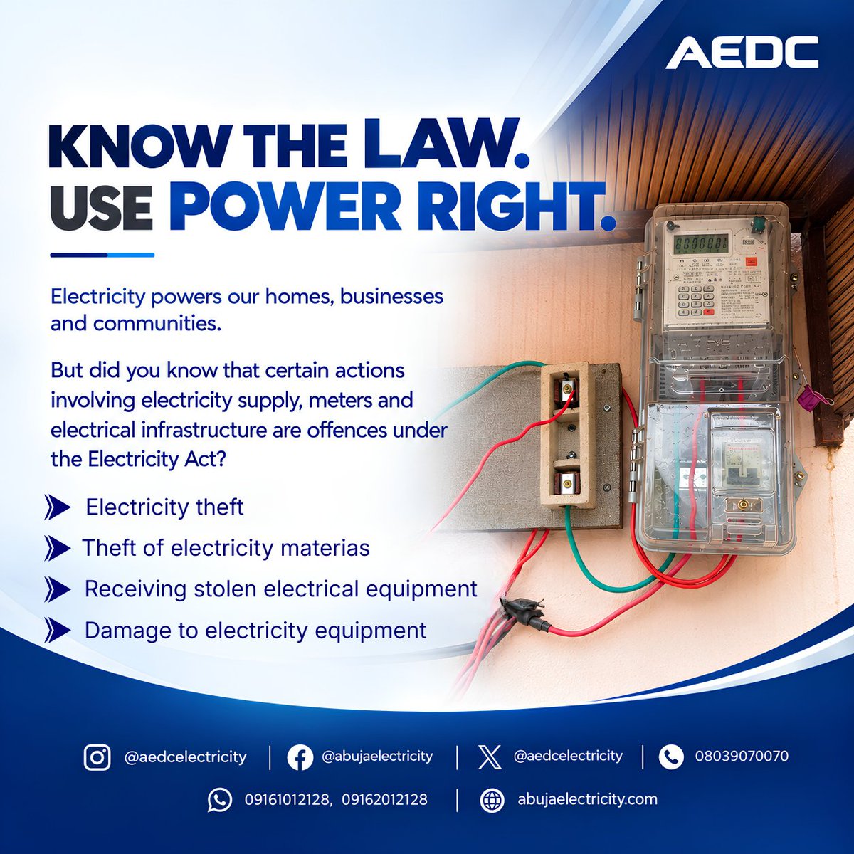 aedcelectricity's tweet photo. Knowing the law helps you stay on the right side of it.
#KnowTheLaw
#UsePowerRight
#ElectricityAct https://t.co/8gJrVhtIS5