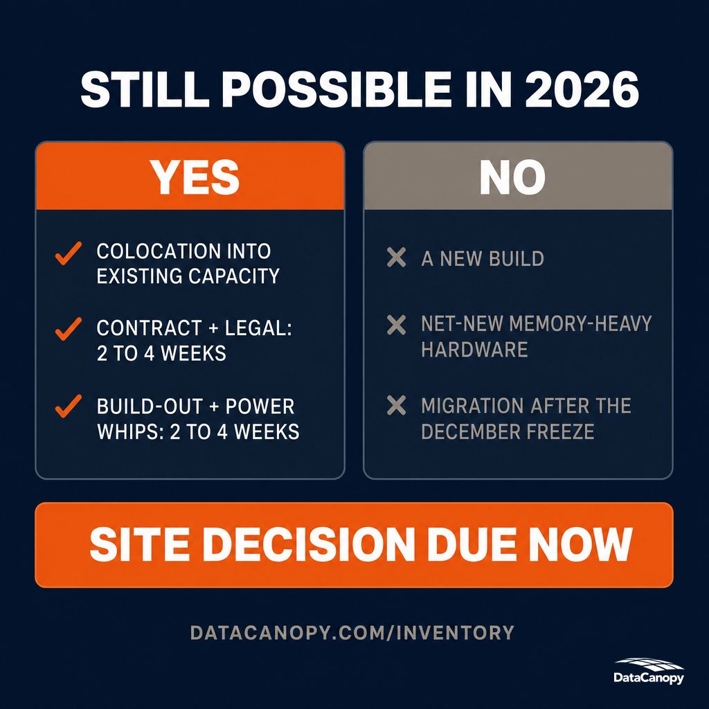 datacanopy's tweet photo. Q4 capital that expires December 31?

Colocation into existing capacity can still go live this year. Contract 2-4 weeks. Build-out 2-4 weeks. New circuits 30-60 days.

500 kW in Chicago, power already delivered.

https://t.co/hGFwlFminV https://t.co/HNzY1ZAMHE