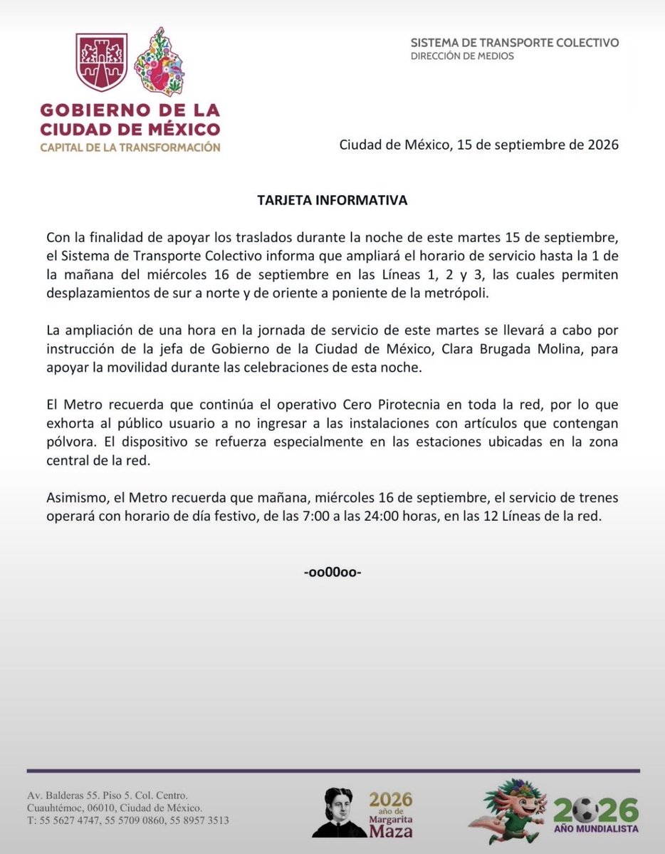 MonitoresMultim's tweet photo. 🗣️@MetroCDMX Amplía su horario de de servicio este #15settembre2026 Líneas 1,2 y 3 hasta la 1 AM. ⬇️ https://t.co/iXgqsAdaJt