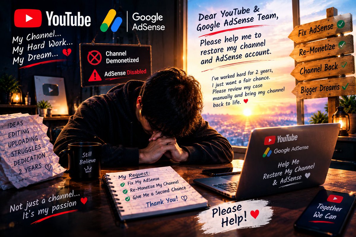 ToxicBoy313's tweet photo. Hi @YouTube @TeamYouTube @GoogleAds Please help me 🙏

My YouTube channel has been demonetized and my AdSense account has been disabled. I’ve worked extremely hard for 2 years to build my channel and reach 1.9M+ subscribers.

I sincerely request you to review my case manually and, if eligible, restore my AdSense account and re-monetize my channel.

I respect YouTube’s policies and only want a fair chance and a second opportunity to continue my work. ❤️🙏

Please help me bring my channel and AdSense back.
#YouTube #AdSense #Monetization #PleaseHelp