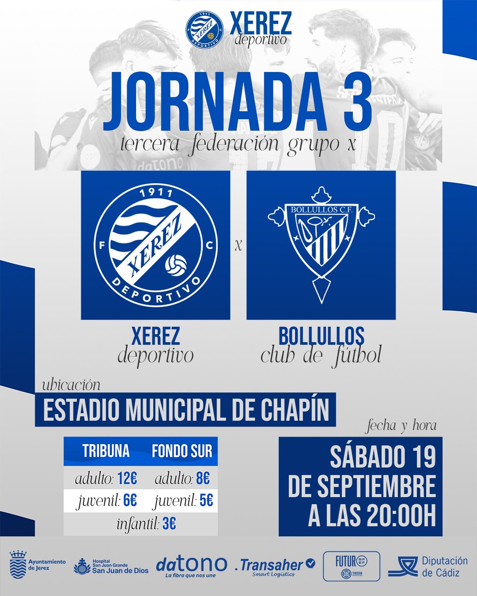 XerezDFC's tweet photo. CARTEL 🔵 | #XerezDeportivoBollullos

🏆 Jornada 3 Tercera Federación
🗓️ Sábado 19 de septiembre
🕗 20:00H
🆚 @bollulloscf1933  
 🏟️Chapín

🎟️ Venta física ya disponible y online en 
@Compralaentrada ➡️ https://t.co/8lE4G8Qb3d https://t.co/B6YcgHmPRj
