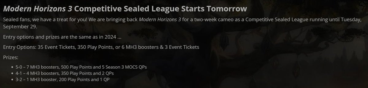 Parmen10n's tweet photo. Tomorrow (until next Tuesday) there will be an MH3 Sealed event on @MagicOnline 

I'm not sure about the EV, but it might be decent.

Packs are 5 tix, Consign to Memory is at 19, plus a couple of other cards with some value, so it might be worth playing the event. https://t.co/ij9czxQtE9