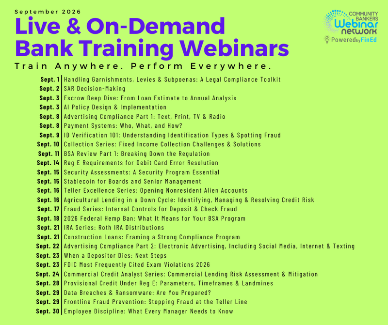 IBofSC's tweet photo. With 2 weeks still left in September, you've got plenty of time to get educated and stay informed! Learn more and register to attend one of the many IBSC Community Bank Training Webinars. Click here to learn more: https://t.co/7i78nIW9e6 https://t.co/dSKtNRPqOI