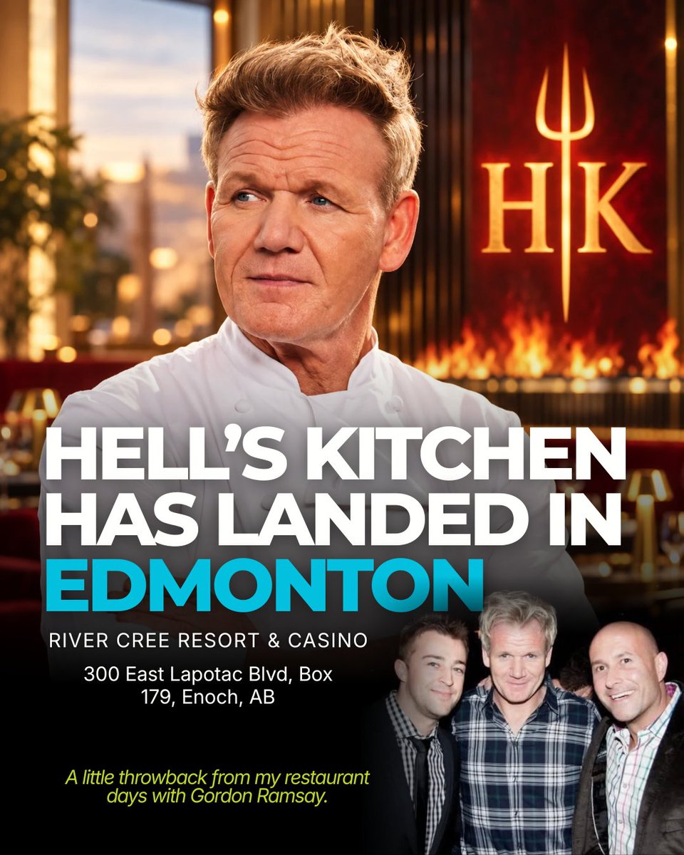 DaveOzubko's tweet photo. Hell’s Kitchen is officially open at River Cree, Gordon Ramsay’s first Canadian location.

Years ago, I had the chance to meet Gordon while working in the restaurant industry. Never imagined I’d see Hell’s Kitchen open right here in Edmonton.

Full circle. Would you check it out? https://t.co/efq8yG4gOH