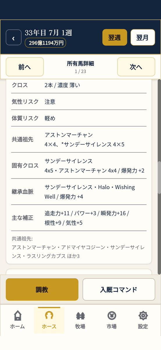 merrygoaround99's tweet photo. ブリードクラシックの進捗
古馬で戦績エグいのが3頭並んじゃった。
アストンまーちゃん祭りです🤤

ただ、ゲームでは再現されないだろうけど、全て父キンカメ系✖️母父SS系なので、数代先で血の閉塞が発生してしまう。基礎牝系をあと2ラインくらい構築しないとダメだが、繁殖20頭でやりくりするのは大変 https://t.co/xVy7oMUIsC