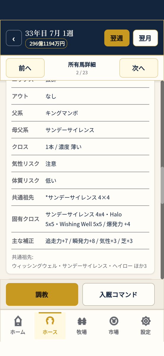 merrygoaround99's tweet photo. ブリードクラシックの進捗
古馬で戦績エグいのが3頭並んじゃった。
アストンまーちゃん祭りです🤤

ただ、ゲームでは再現されないだろうけど、全て父キンカメ系✖️母父SS系なので、数代先で血の閉塞が発生してしまう。基礎牝系をあと2ラインくらい構築しないとダメだが、繁殖20頭でやりくりするのは大変 https://t.co/xVy7oMUIsC