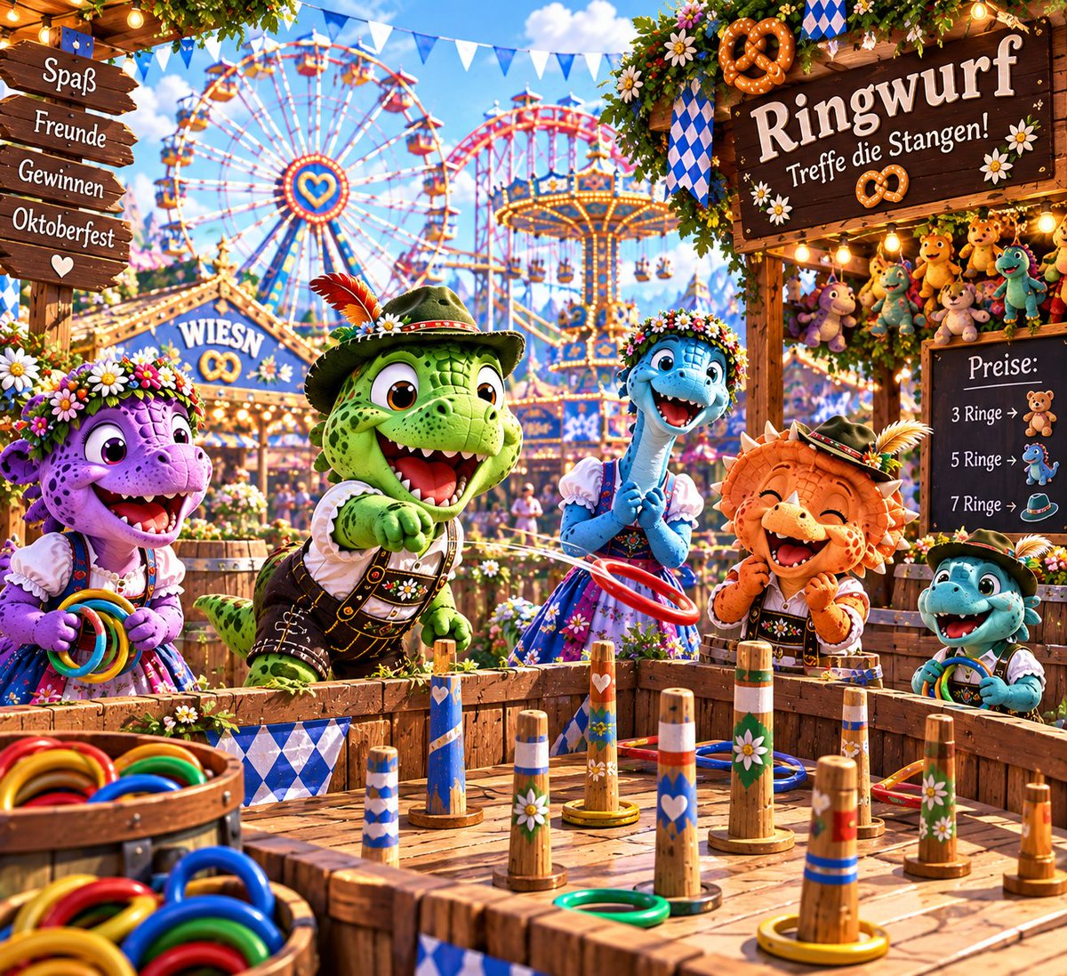 morymagdy404's tweet photo. @AngryDynomites 
🦖Dinosaurs toss colorful rings onto wooden posts; the goal is to land as many rings as possible. 🧸🏆🎡  #DynoMindshare #BuildTheWiesn #CraftWorld #dynocoin https://t.co/kuNeKtq2sK