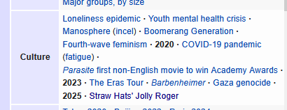 citrushemlock's tweet photo. turns out wikipedia has a '2020s in History' navigation box, and the culture section is just some bullshit https://t.co/0jVx7bidOO