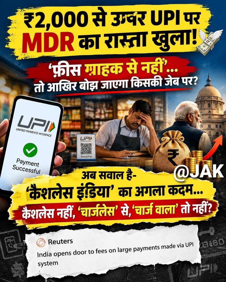 Jauwad143's tweet photo. ₹2,000 से ऊपर UPI पर MDR का रास्ता खुला! 💸
‘फ़ीस ग्राहक से नहीं’… तो आखिर बोझ जाएगा किसकी जेब पर?
अब सवाल है-
‘कैशलेस इंडिया’ का अगला कदम… कैशलेस नहीं, ‘चार्जलेस’ से ‘चार्ज वाला’ तो नहीं?
#UPI #UPICharges #MDR #DigitalIndia #ModiGovernment #UPINews #IndiaNews #DigitalPayment https://t.co/Et6AEgeCMw