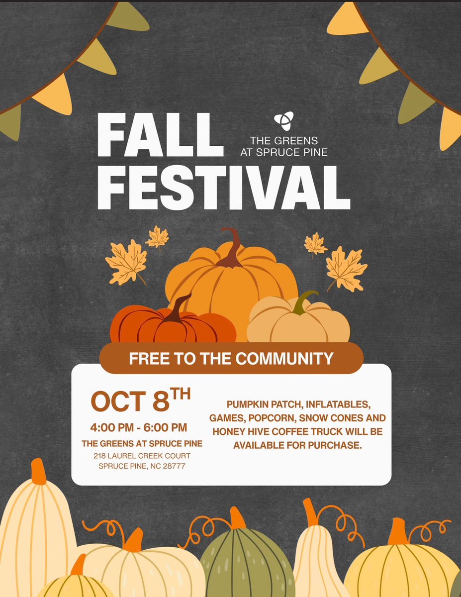 GreensSpruce's tweet photo. 🍂🎃 FALL FUN IS COMING TO SPRUCE PINE! 🎃🍂

Mark your calendars and join The Greens at Spruce Pine for our Fall Festival on October 8th from 4:00–6:00 PM! This fun-filled event is FREE to the community, so bring your family and friends and come celebrate the season with us! https://t.co/Kj2guqn4Qa