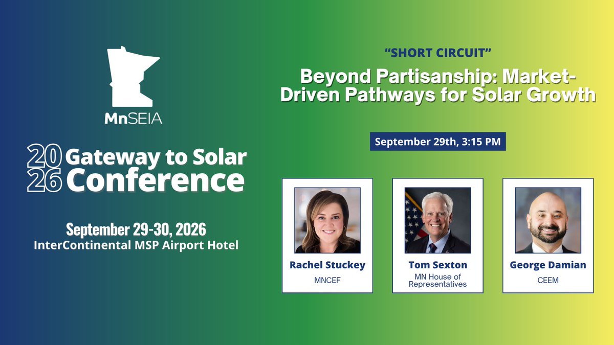 CleanEnergyMN's tweet photo. Growing Minnesota’s solar industry is an economic opportunity. ☀️

Join CEEM’s @GeorgeD_87 at @Mn_SEIA's Gateway to Solar Conference Sept. 29 for the panel “Beyond Partisanship: Market-Driven Pathways for Solar Growth.”

Register: https://t.co/z6hGrqgklP https://t.co/4FT3RuGCAT