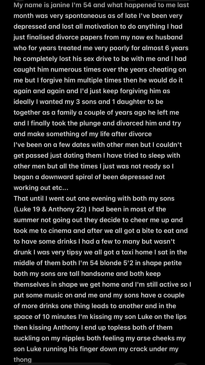phatpussy696's tweet photo. Janine is one filthy minx of a mother 

We did run out of room her story ends with her letting both her sons give her anal sex they tried doing double penetrating but Janine as just to small 

#spitroast #incest #mom https://t.co/l39w5F91c0