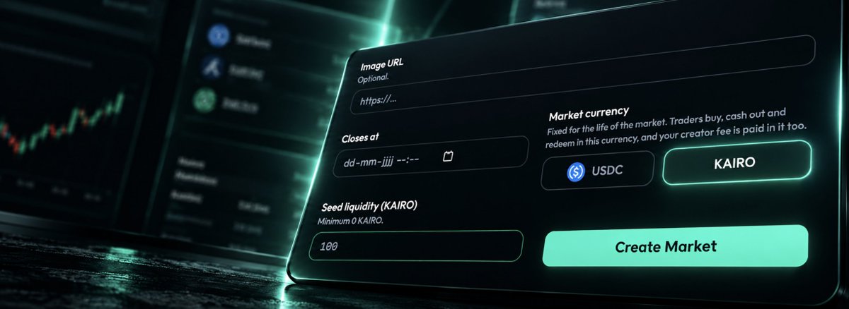 kairo_market's tweet photo. KAIRO markets are live on Arc mainnet. 🫶

You can now create and trade prediction markets settled in $KAIRO with the same 0.25% creator fee and 1.00% protocol fee as USDC markets, with KAIRO as the collateral from creation to payout.

Pick your market, pick your currency, trade it.