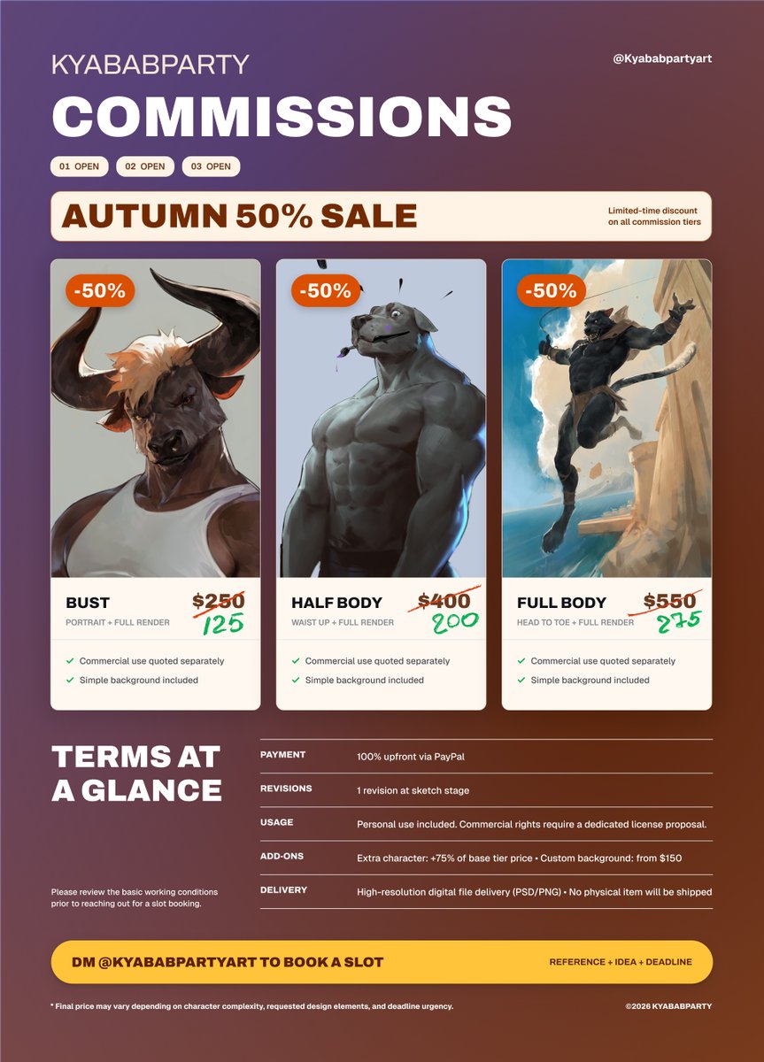 Kyababpartyart's tweet photo. 🍂 AUTUMN COMMISSION SALE! 🍂

All commission prices are now 50% OFF for a limited time!

Furries, monsters, muscular creatures and original characters are all welcome :3

Limited slots available. DM me if you’re interested!

Reposts are greatly appreciated ❤️ https://t.co/JhAQVAxtVx