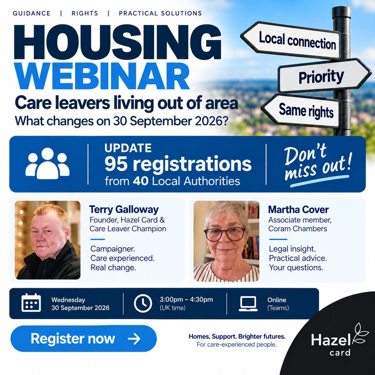 TerryGalloway's tweet photo. 95 registrations from 40 Local Authorities across the UK demonstrate that this is an important topic for our Care Experienced Community. FREE TO ATTEND: 

Please don't miss out on information that will help you support care leavers living out of area with their housing!

Many of those registering so far are Leaving Care PAs, Managers, Homelessness leads supporting care leavers and IRO's, that are supporting Care Leavers living outside their home local authority.

From 30 September 2026, important changes come into force. Care leavers living out of area must not be deprioritised or treated differently simply because they come from another local authority.

Join Martha Cover, Associate Member at Coram Chambers, and me as we look at what has changed, what it means in practice and how practitioners can challenge decisions and help care leavers get their rights.

We’ll also hear directly from Tay and Daveena, who were part of the campaign that helped bring about this change.

Wednesday 30 September | 3pm–4.30pm | Online
If you support care leavers living out of area, don’t miss out.

Register here:
https://t.co/cCMbNicOUF

Please share with Leaving Care teams, housing colleagues and anyone supporting care leavers.