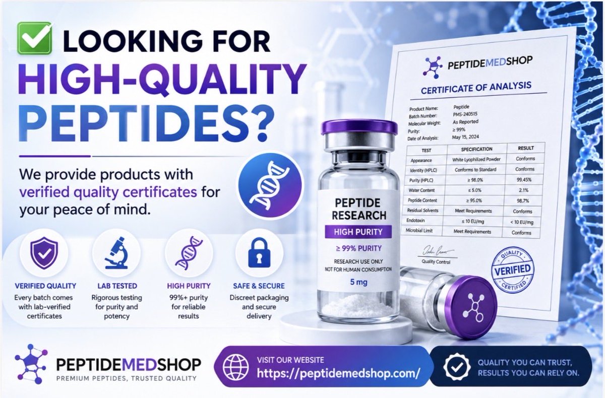 Peptidesmed's tweet photo. Explore our research peptide collection with product documentation, quality standards, and laboratory-focused resources.
Website: https://t.co/j23RVxZusL
- WhatsApp: +1 (931) 305-2367

#peptides⁠ ⁠#peptide⁠ ⁠#peptideskincare⁠ ⁠#collagenpeptides⁠ ⁠#copperpeptides⁠ ⁠#antiaging⁠ ⁠#biohacking⁠

#peptideserum⁠ ⁠#copperpeptide⁠ ⁠#skinhealth⁠ ⁠#medicalgradeskincare⁠ ⁠#antiagingskincare⁠ ⁠#glowingskin⁠ ⁠#hyaluronicacid⁠ ⁠#collagenboost⁠ ⁠#beautyfromwithin⁠

#peptidetherapy⁠ ⁠#longevity⁠ ⁠#healthandwellness⁠ ⁠#recovery⁠ ⁠#supplements⁠ ⁠#cellularhealth⁠ ⁠#performance⁠ ⁠#wellnessjourney⁠ ⁠#bodybuilding⁠ ⁠#fitnesssupplements⁠