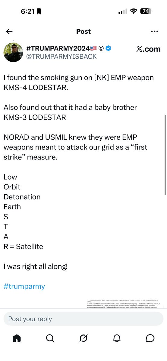 TRUMPARMYISBACK's tweet photo. YES! absolutely.

Trump’s ENTIRE PRESIDENCY is a US Military Intelligence / Judge Advocate General [J.A.G.] sting operation. 

Been saying this since Trump’s election.

Just wait until everyone finds out about #KMS3 + #KMS4 #LODESTAR3 + #LODESTAR4 

[NORAD] was tracking ALL OF IT!

#trumparmy