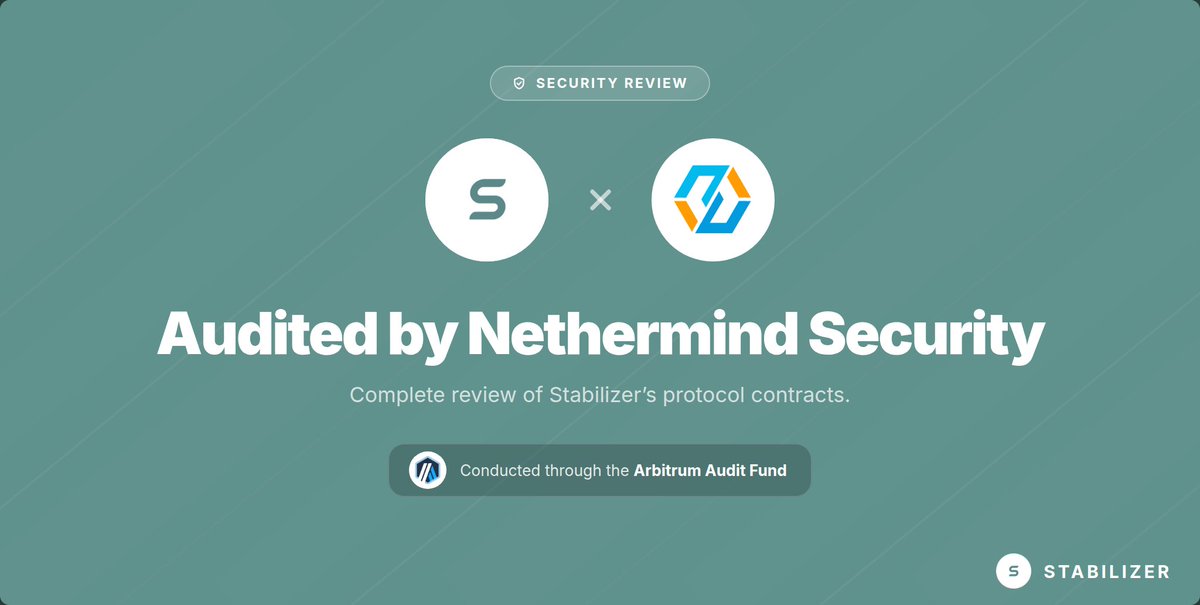 StabilizerFi's tweet photo. Stabilizer has completed an independent security review with @NethermindSec.

A complete review of the protocol's contracts, with all findings addressed and re-verified.

More details → https://t.co/ZlJXVygwLi https://t.co/EDbgD4emPK