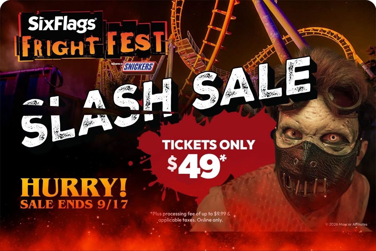 SF_FiestaTexas's tweet photo. 🔪 SLASH SALE 🔪Get tickets to #SixFlagsFiestaTexas for only $49*. Experience the fun by day at Tricks and Treats &amp; Oktoberfest, and fear by night at Fright Fest. 
🎟️ https://t.co/tQRb2gE2rv https://t.co/lfS2uJCFML