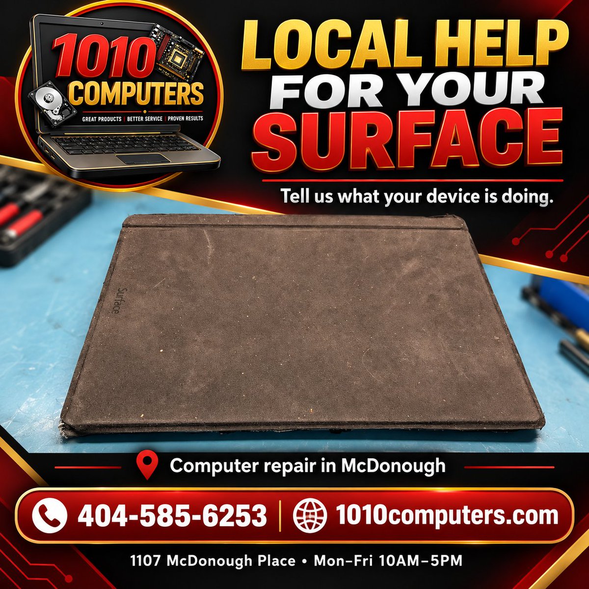 1010Computers's tweet photo. Your Surface goes wherever work takes you. Ask about diagnosis and repair options. McDonough | Mon-Fri 10AM-5PM | 404-585-6253 https://t.co/ZbJZHpU4y6 https://t.co/sg1xqgUSUO