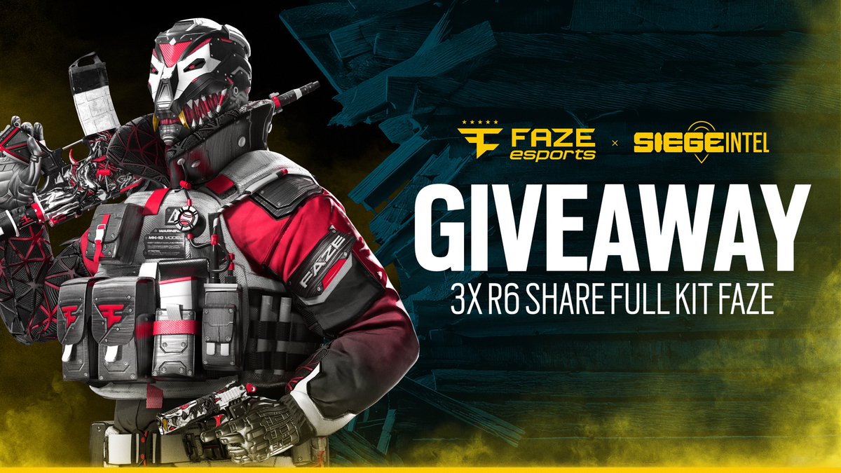 SiegeINTEL's tweet photo. 🎁 3x R6 Share Full Kit FaZe Esports Giveaway 🎁

➡️ Follow @SiegeINTEL &amp; @FaZeEsports 
➡️ Like &amp; Retweet
➡️ Tag 2 friends

The winners will be drawn on 23.09.2026 https://t.co/t9N5MKlqvW