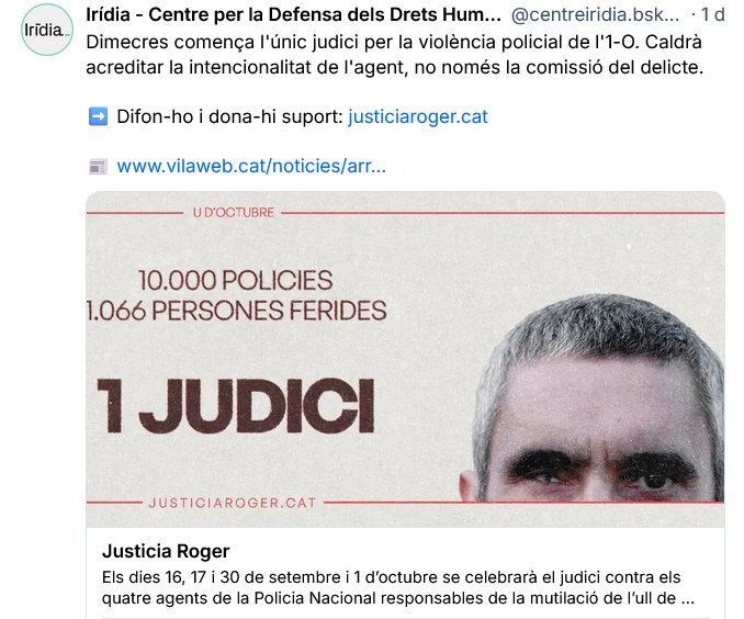 CDRCatOficial's tweet photo. Demà dimecres 16 de setembre al matí comença l'únic judici contra la violència policial de l'1-O . Ens en fem ressò en suport d'en Roger Español, defensat per Irídia.
🔴 Acompanyem en Roger
🔴 8:45 al TSJC (Passeig Lluís Companys) https://t.co/EJ6lvzGxtu
