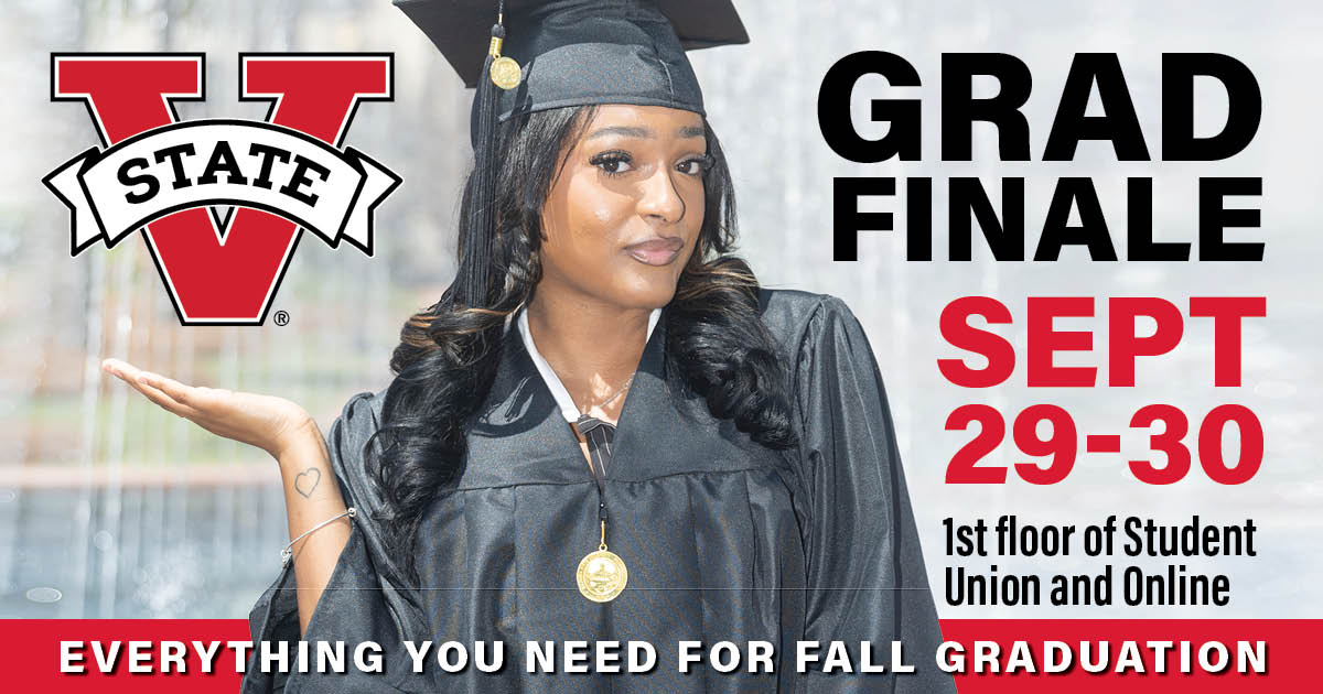 valdostastate's tweet photo. Graduating this December? Want to get your cap and gown, class ring, and much more at a discount? Get ready to attend Grad Finale, coming up on Sept. 29-30 in person and ONLINE. Learn more here: https://t.co/HslZSV27Uz #VStateGrad 🎓 https://t.co/IPEfBmSLAP