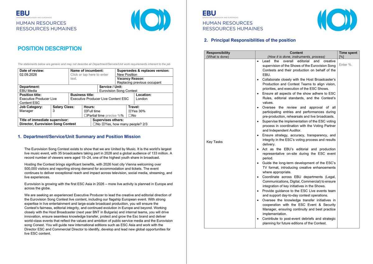 ESCdiscord's tweet photo. 💼 The EBU has posted a job listing for the role of "Executive Producer Live Content ESC".

Their principal responsibility is to "lead the overall editorial and creative supervision of the #Eurovision [...] shows and their production". https://t.co/JzIXCFokQo