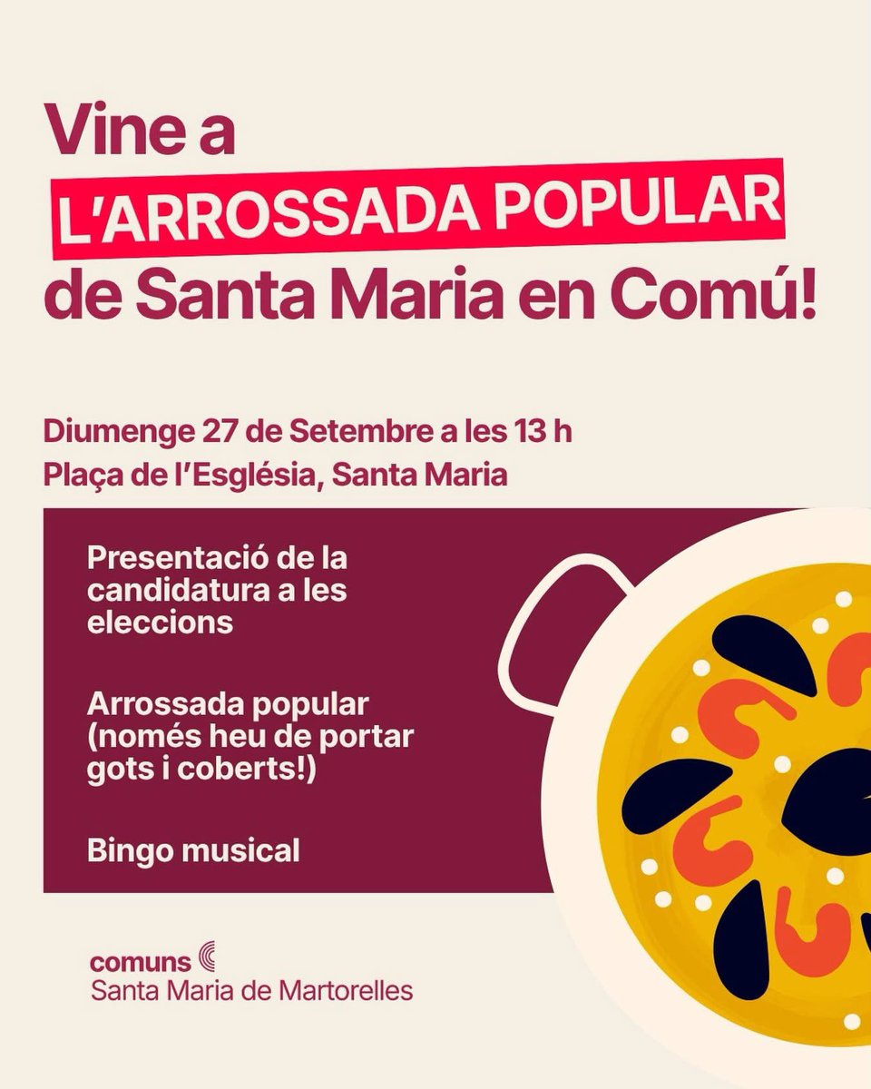 ojedaly10's tweet photo. 🥘 Vine a l’Arrossada Popular de Santa Maria en Comú!

Us hi esperem el 27 de setembre per passar una bona estona entre veïns i veïnes 🎶

📝 Inscriu-te aquí👇🏽
https://t.co/Sk5GxWGuNX

Corre la veu i vine-hi acompanyat/da! 📢

#SantaMariadeMartorelles #arrosadapopular https://t.co/C1uSvhTQCm